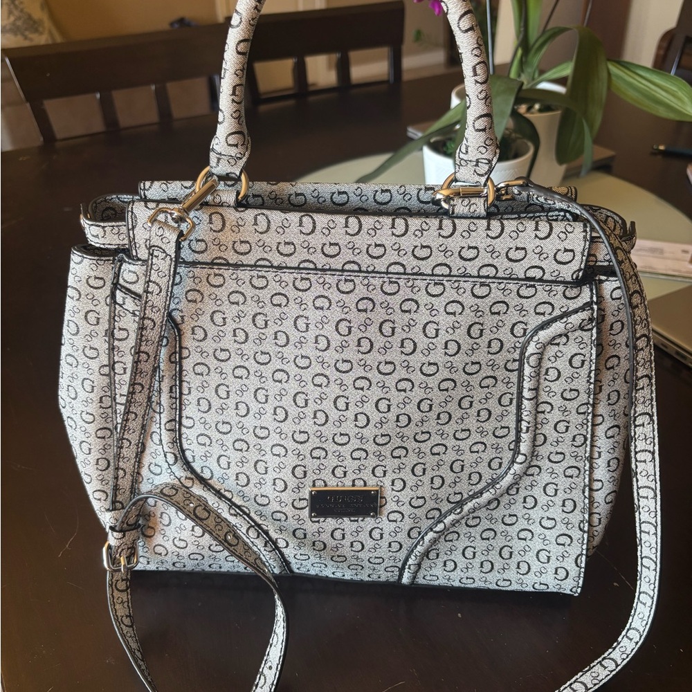 Guess Black and White Monogram Satchel